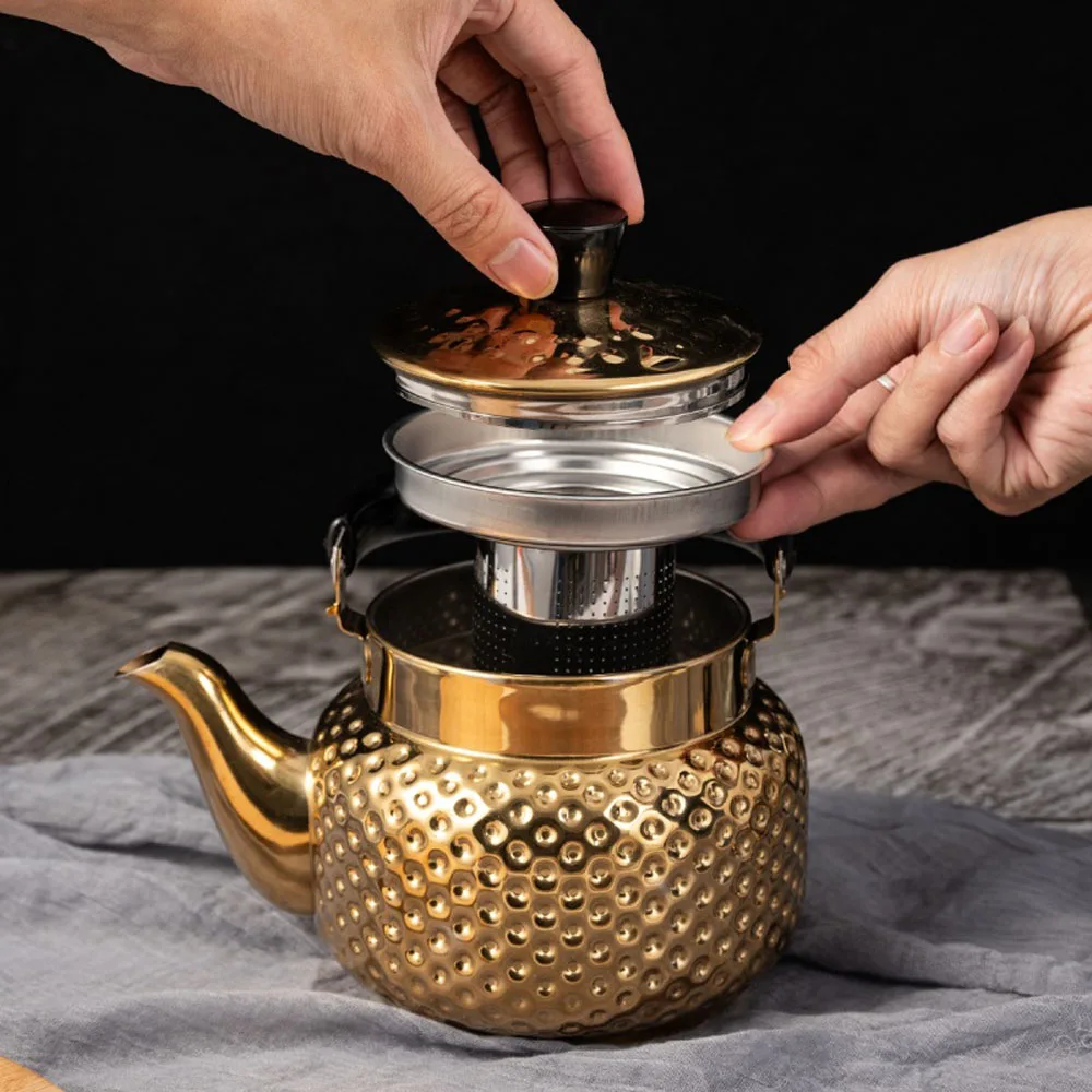 Gold Hammered Design Metal Tea Kettle Water Boilers 1500ml Stainless Steel Teapot with Infuser Strainer For Stovetop Camping