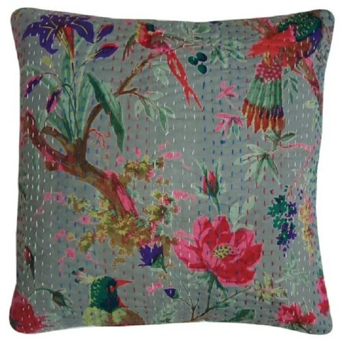 Indian Traditional Handmade Comfortable Bird Print Washable Kantha Stitched Decorative  Kids Cushion Cover