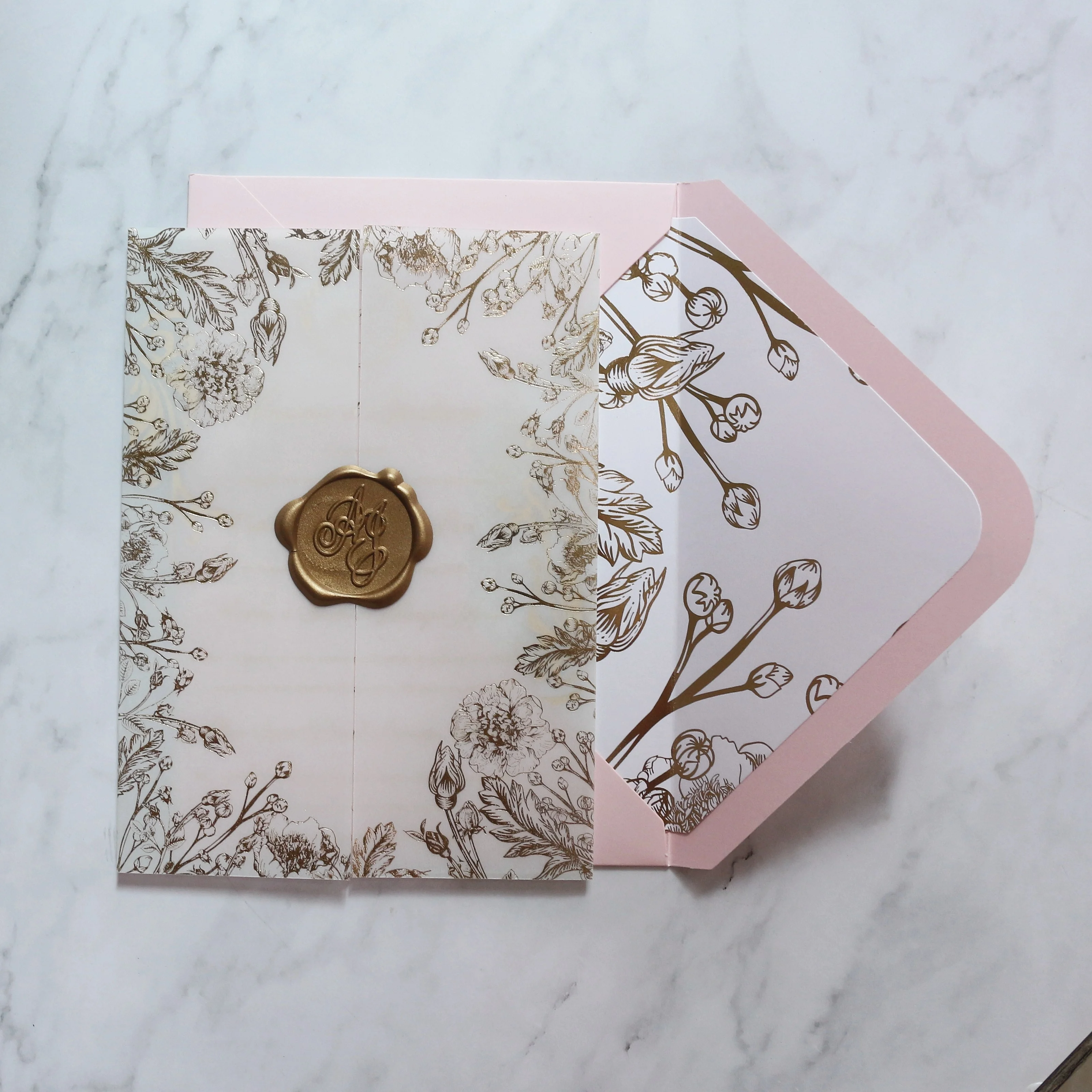 Elegant Design Paper Invitations Floral Digital Printing Invitation Card with Tracing Paper