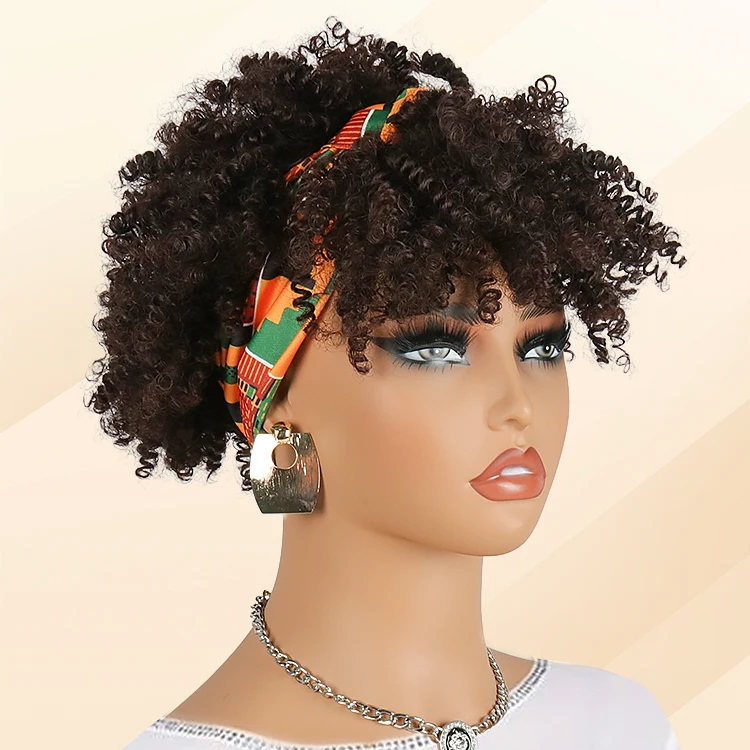 Julianna Hot Selling Short Curly High Puff Head Band Wigs Fluffy With Bangs Synthetic Afro Kinky Headband Wigs