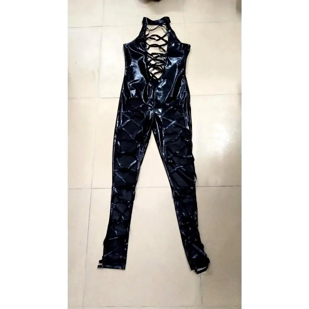 MOGlovers Women PVC Catsuit Black  Hollow out PU Leather Bodysuit Sexy Club Wear Hot Erotic Pole Dance Costumes