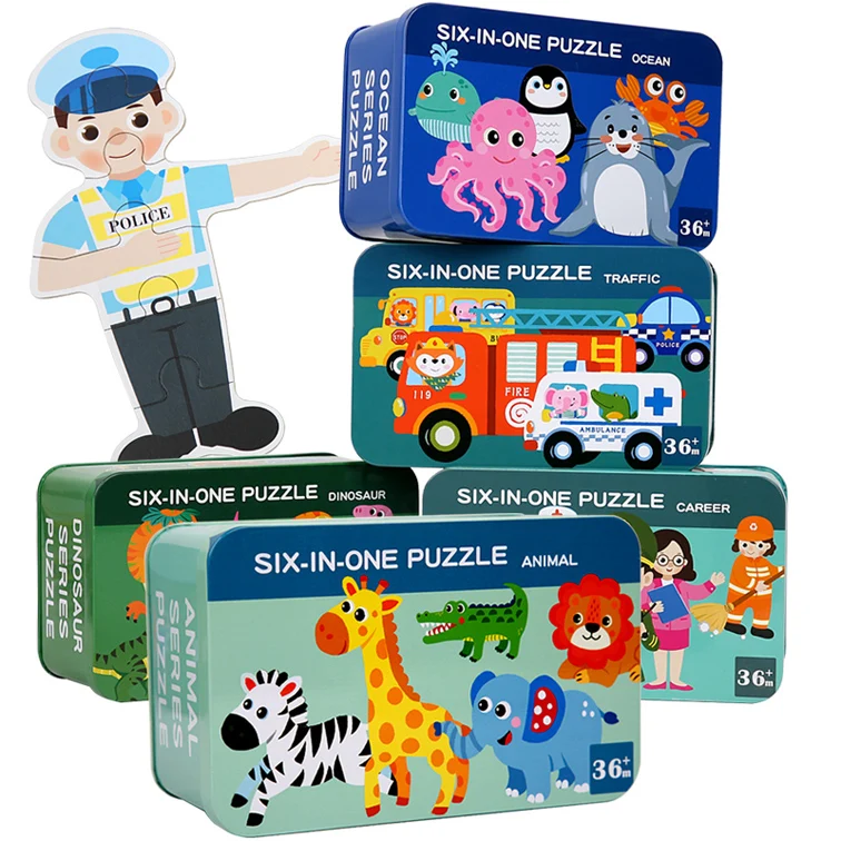 YMK in stock! Animal Traffic Character diy cartoon puzzle early education tin box jigsaw puzzle 6 in 1 for Children wholesale