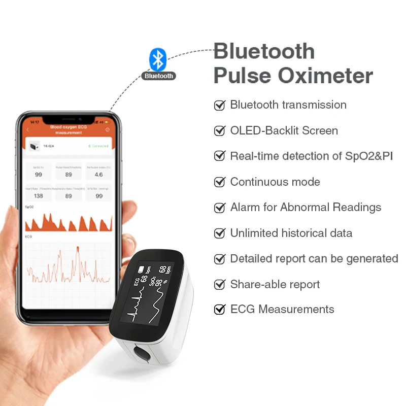 Портативное медицинское оборудование Bluetooth кончик кислорода в крови пульсоксиметр с ECG