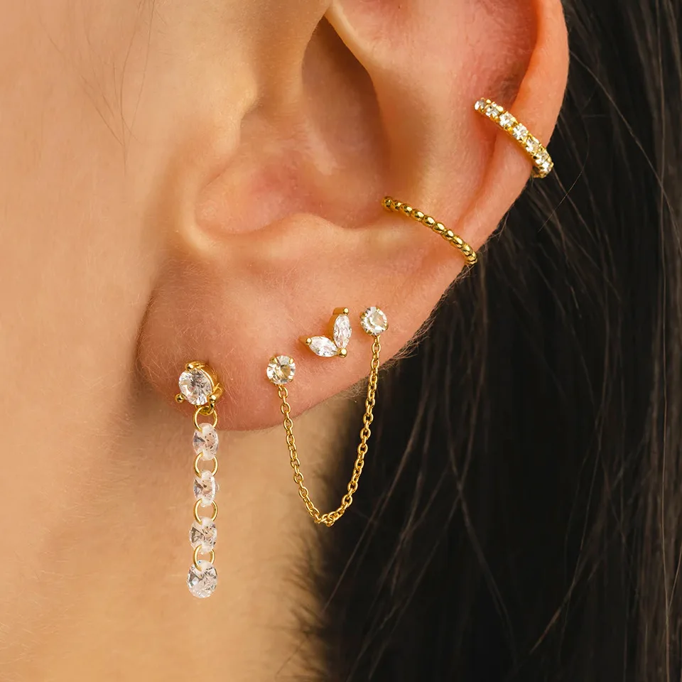 Trendy Unique 18k Gold Plated Stainless Steel Stackable Diamond CZ Piercing Screw Back Stud Earrings for Women Girls