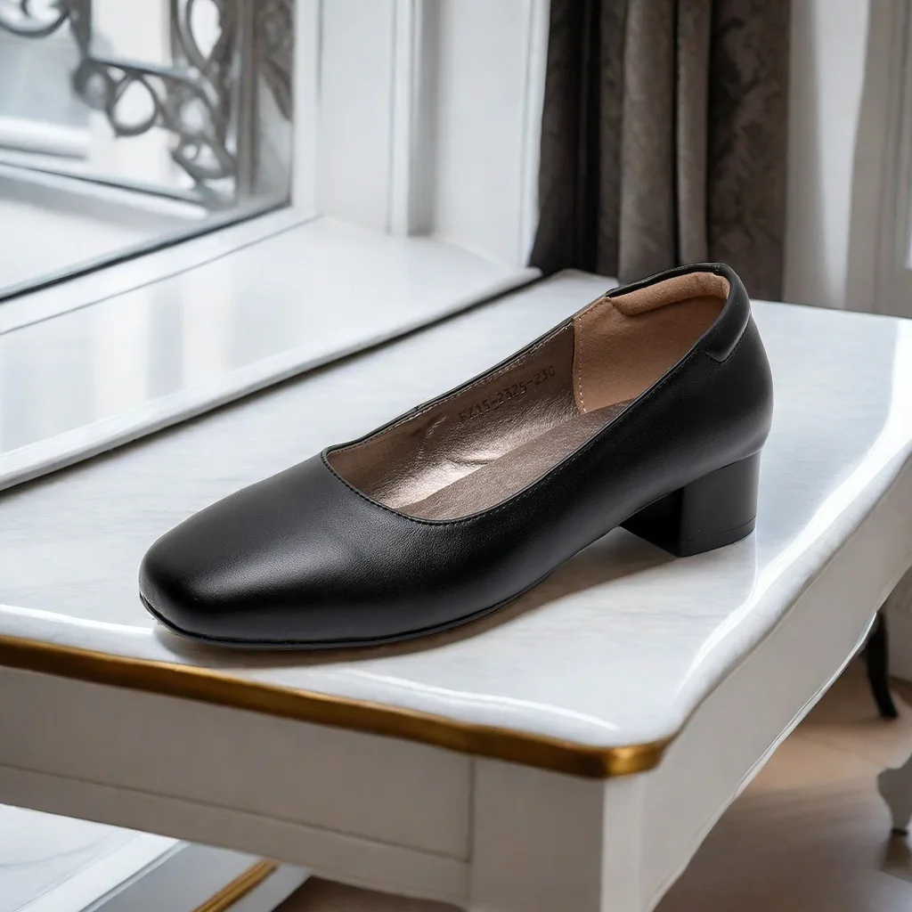 Top cow leather Hotel Waiter office shoes women pumps suit nonslip formal chunky heel stewardess 3.5cm heel shoe factory