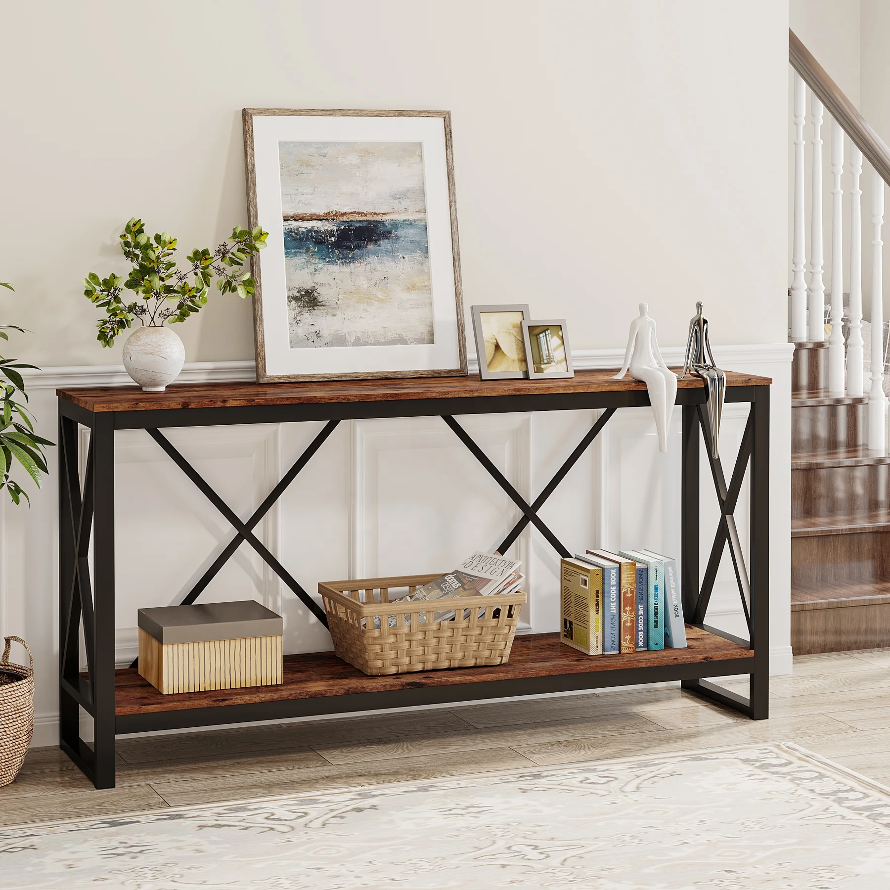 Tribesigns Industrial Long and Narrow Console Table with 2 Open Display and Storage Shelves for Living Room Furniture