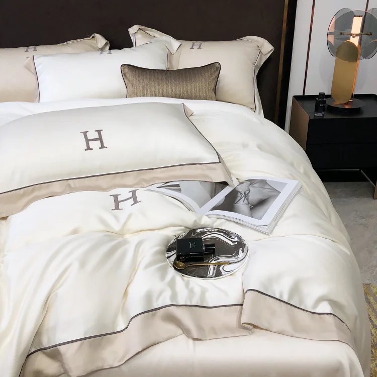 Embroidery tencel bed linen customized solid colors bedding set