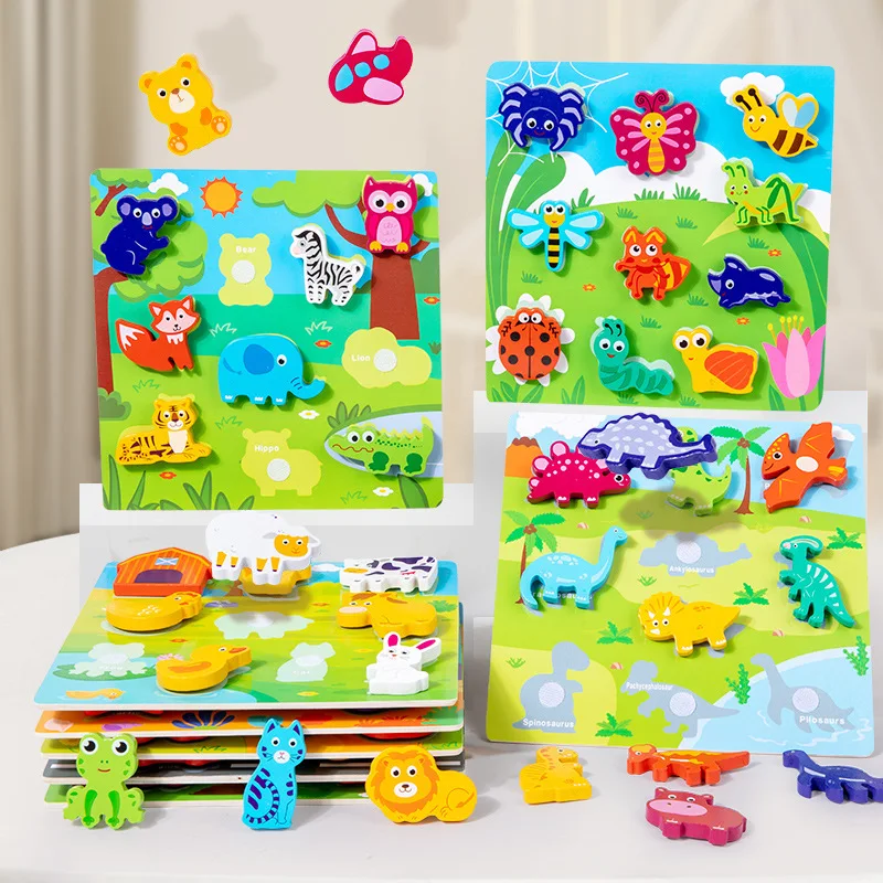 Wholesale toys kids 2024 Magic sticker tear pull jigsaw puzzle early children Montessori wooden large particle matching blocks
