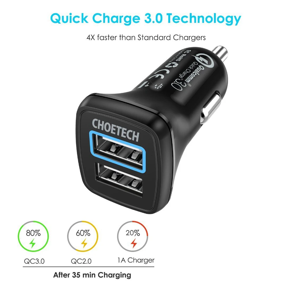 Автомобильное зарядное устройство CHOETECH 30 Вт с двумя USB-портами для iPhone 11 Pro быстрая зарядка 3 0 автомобильное QC мобильного телефона Huawei Samsung Xiaomi