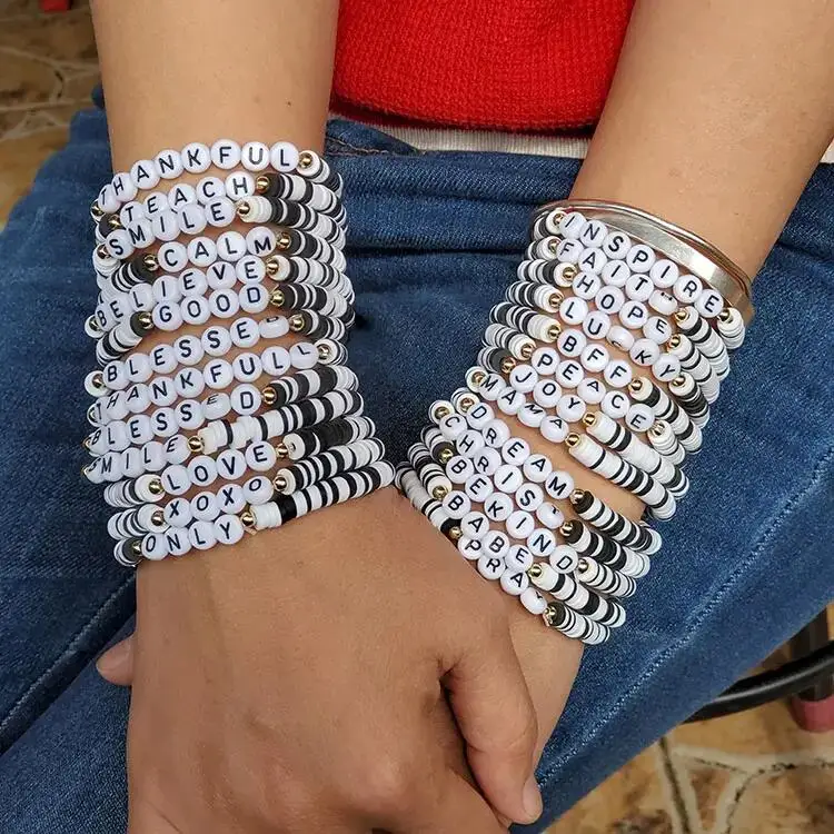 European and American Bohemian Colorful Rainbow Polymer Clay Bracelet Disc Heishi Beaded Words Initial Letters Bracelet Custom