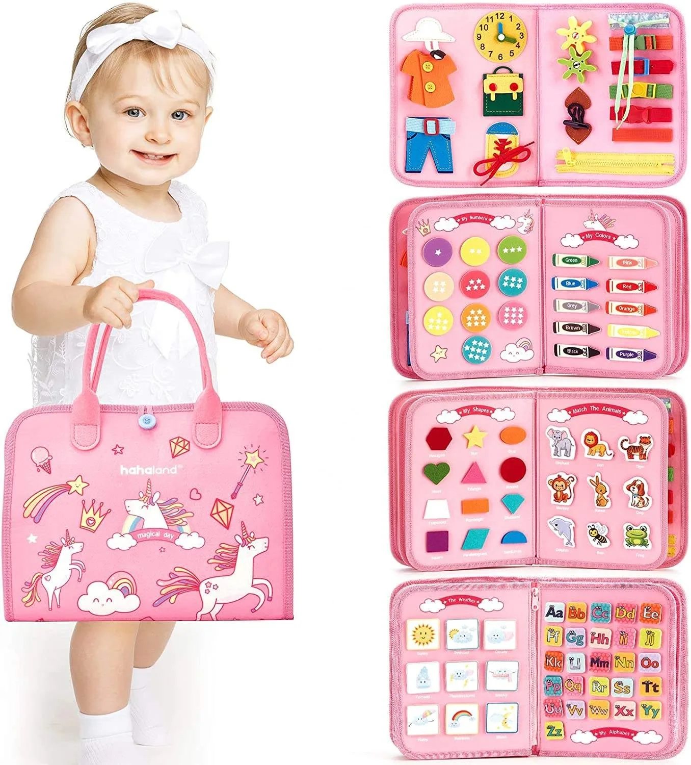 EPT Wholesale Baby Sensory Silicone Pull String Montessori Toys Pink Unicorn Felt Busy Boards for Kids