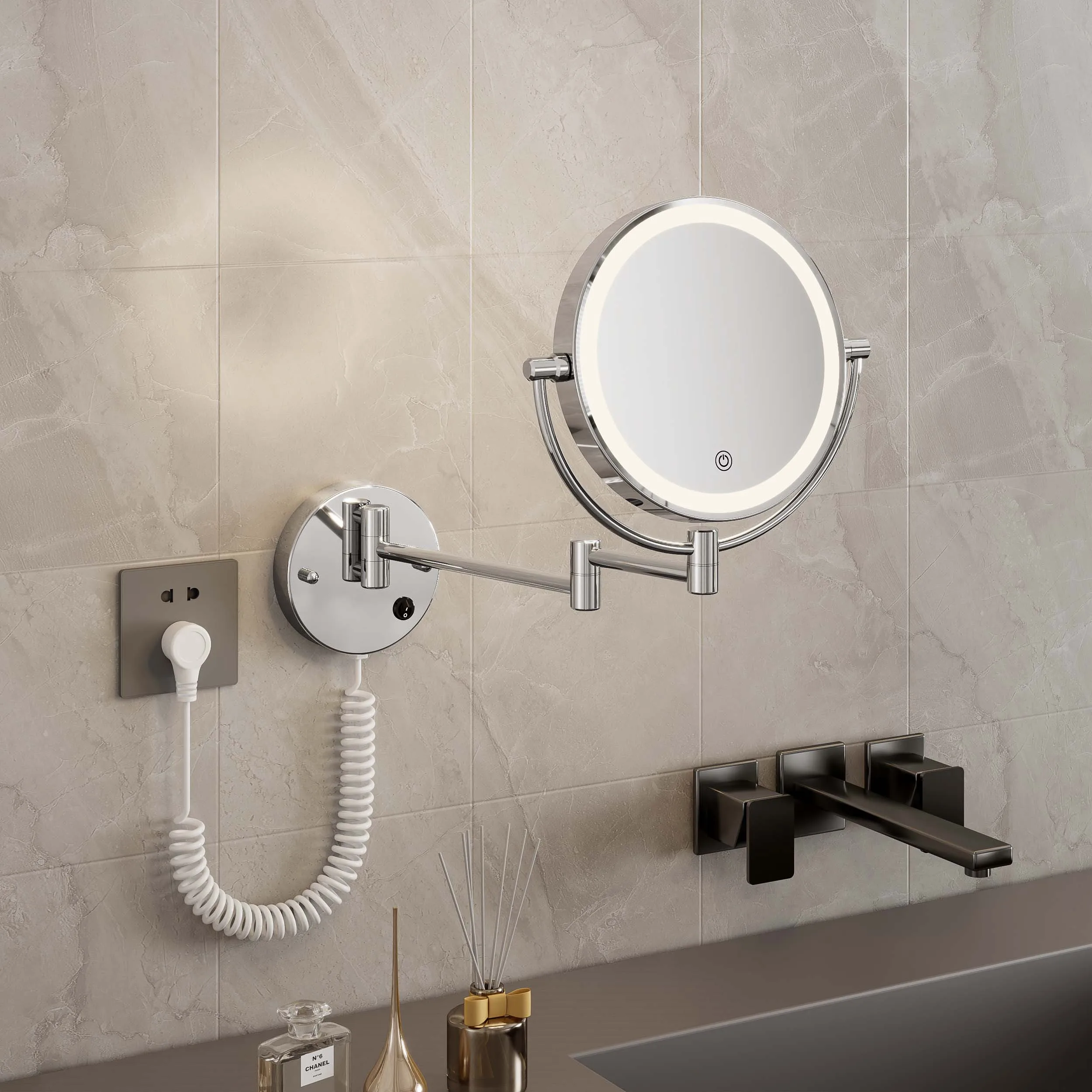 Round Extended Arm 360 Rotation Cosmetic Metal With Led Light Lighted Vanity 8 Inch Wall Mounted Makeup Mirror