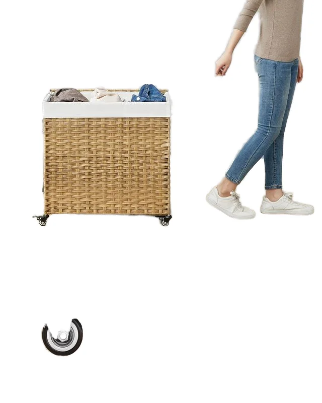 Woven Laundry Basket with In Bathroom, Bedroom Foldable Lid 3 Collapsible Bamboo Storage Convenient Roller Woven Laundry Basket