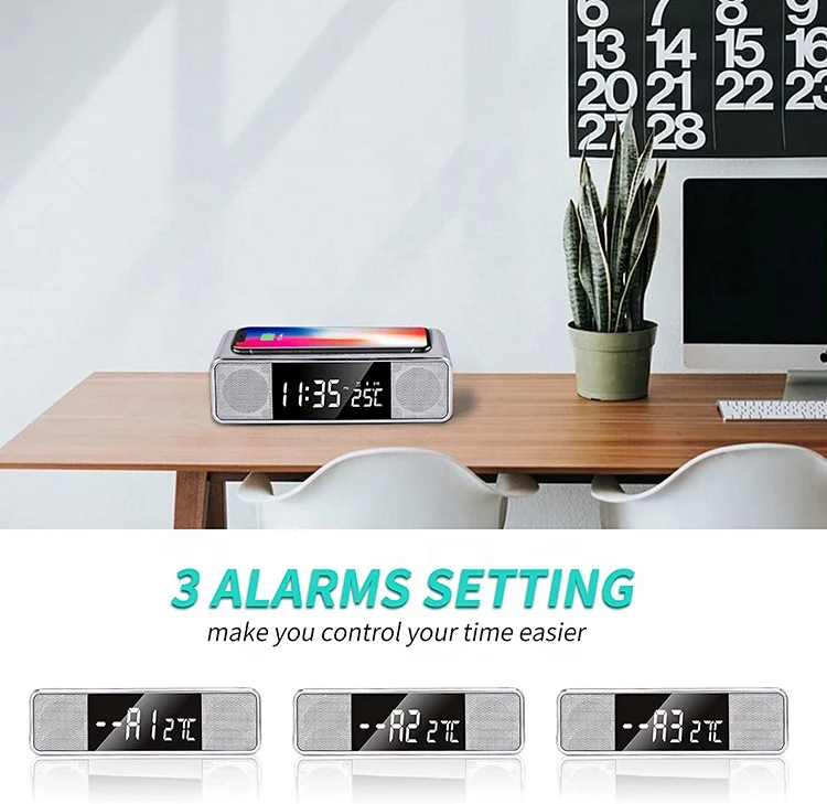 
Alarm Clock Bedside Non Ticking LCD Alarm Clock with USB Output & Wireless Charging, BT Speaker and FM Radio 