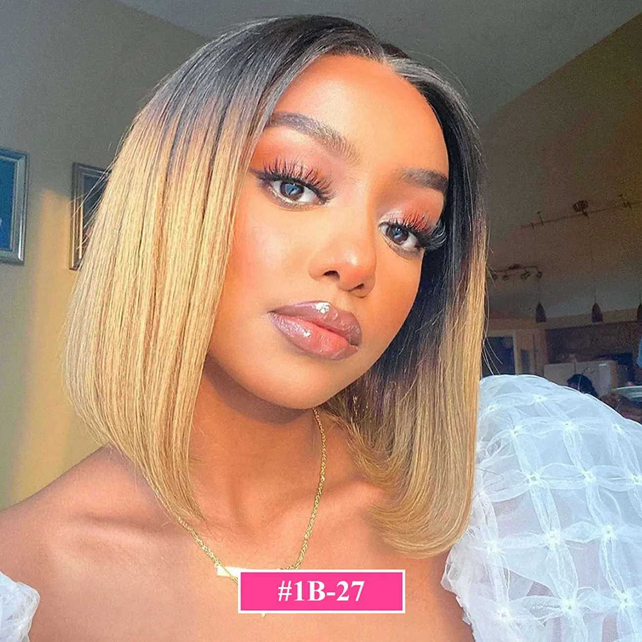 13x4 Lace Front Honey Blonde Straight Bob Wig 1BV27 Ombre Color Short Bob Wig Remy Brazilian Human Hair Wigs For Black Women
