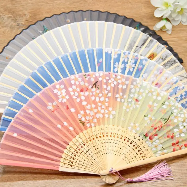 Bamboo Flower Fold Hand Fans For Wedding Chinese Style Silk Fan Children Antique Folding Fan Gift Vintage Party Supplies