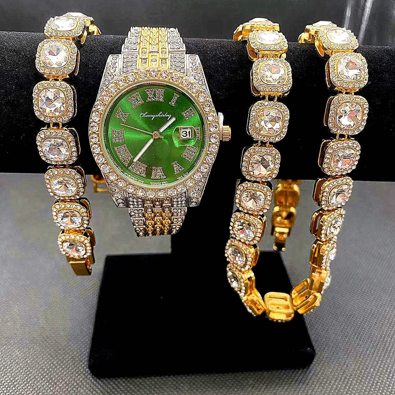 3pcs/set Iced Out Watches men wrist luxury Watch Cuban Link Chain Bracelet set Bling Jewelry Sets for Men Hip Hop Watch For men
