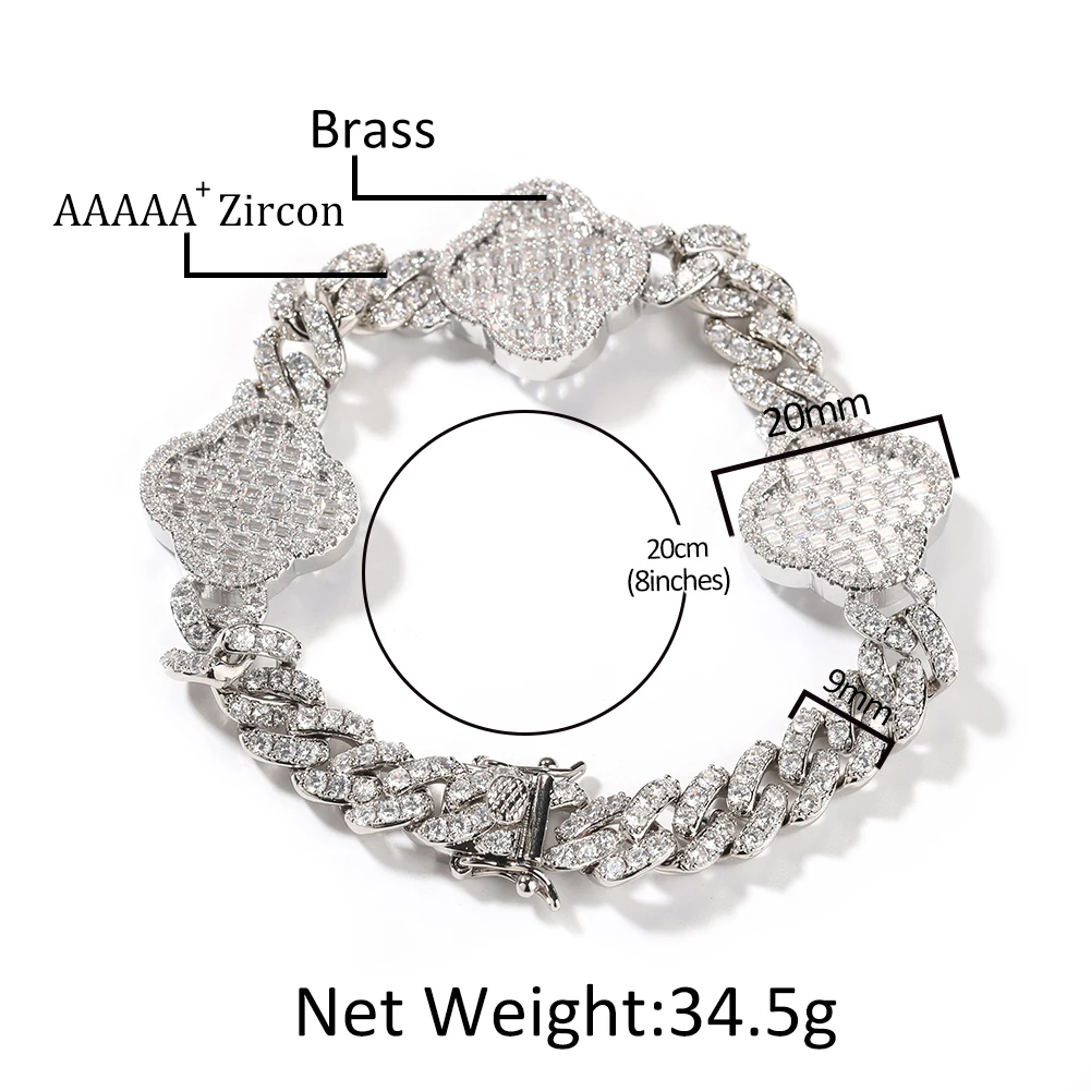 Classic Lucky Four Leaf Clover 9mm Miami Cuban Link Chain Bracelet Hip Hop Anklet Women Men Jewelry