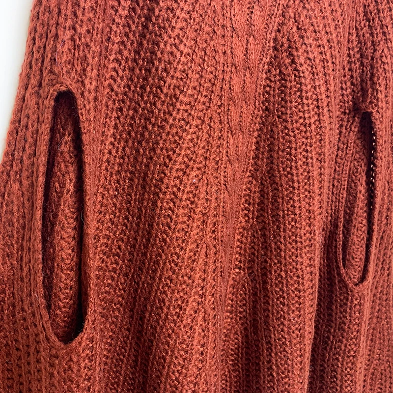 Wholesale winter women knit oversize plaid rib sleeveless crewneck crochet poncho sweater