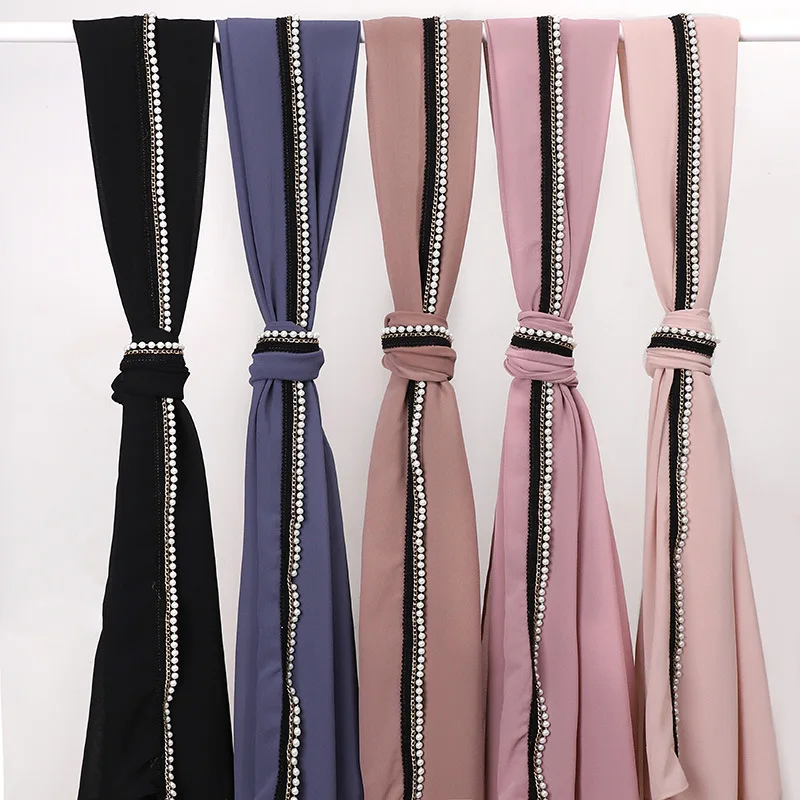 New Style Malaysia Indonesia Muslim Hijabs Pearl Chain Edge Bubble Chiffon Scarf Shawls for Women Hijab 2021