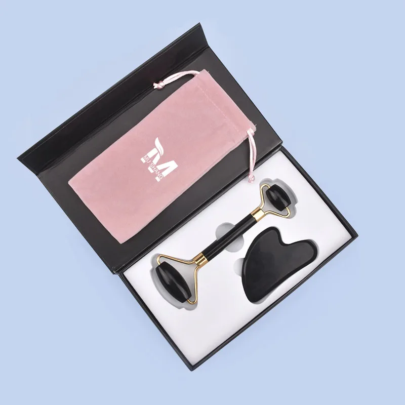 Original Factory Nephrite Anti Aging Therapy Natural Crystal Black Obsidian Stone Jade Massage Roller Gua Sha Set With Gift Box