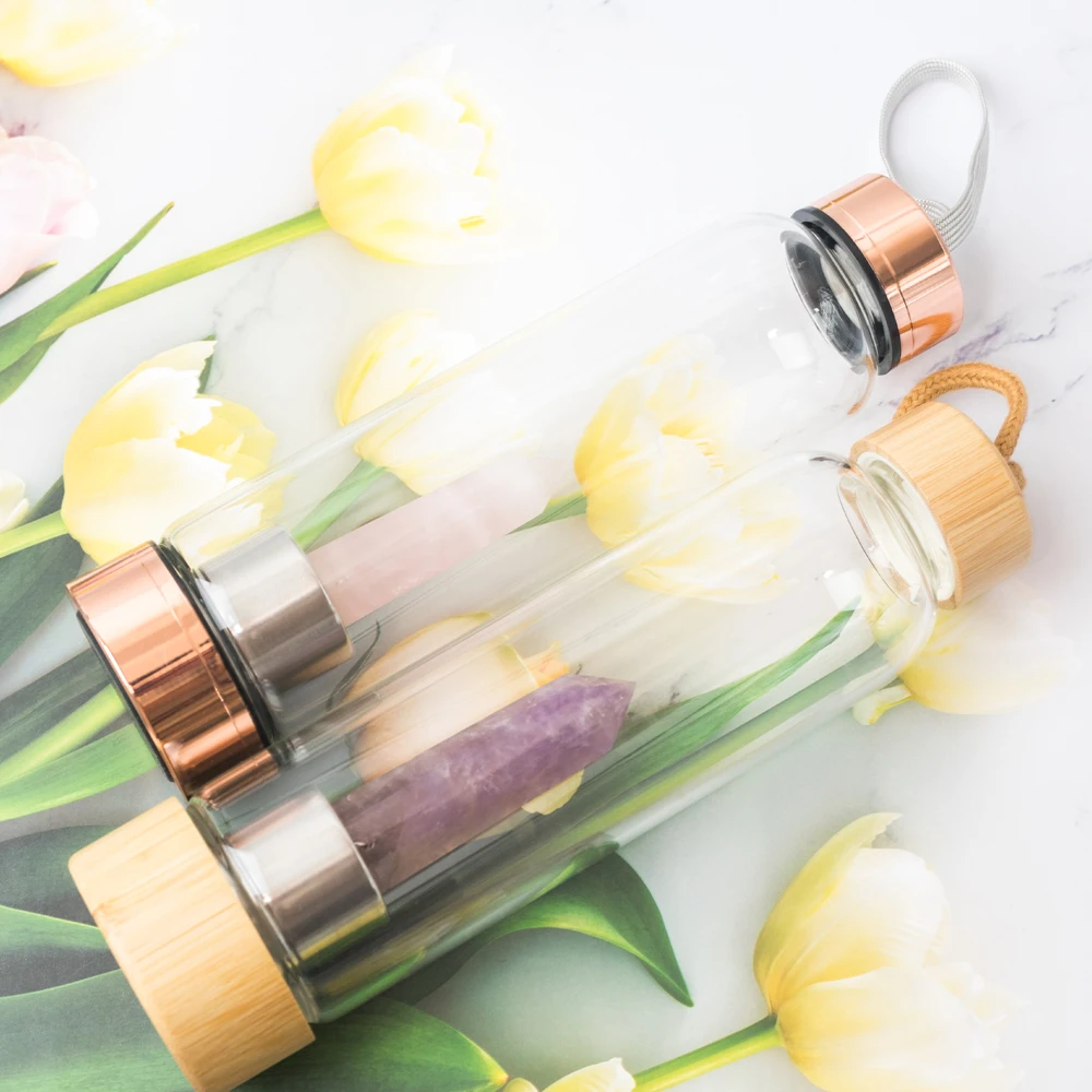 Natural Gemstone Healing Energy Crystal Water Bottle Custom Logo Gemstone Glass Bottle Energy Natural  Crystal Water bottle