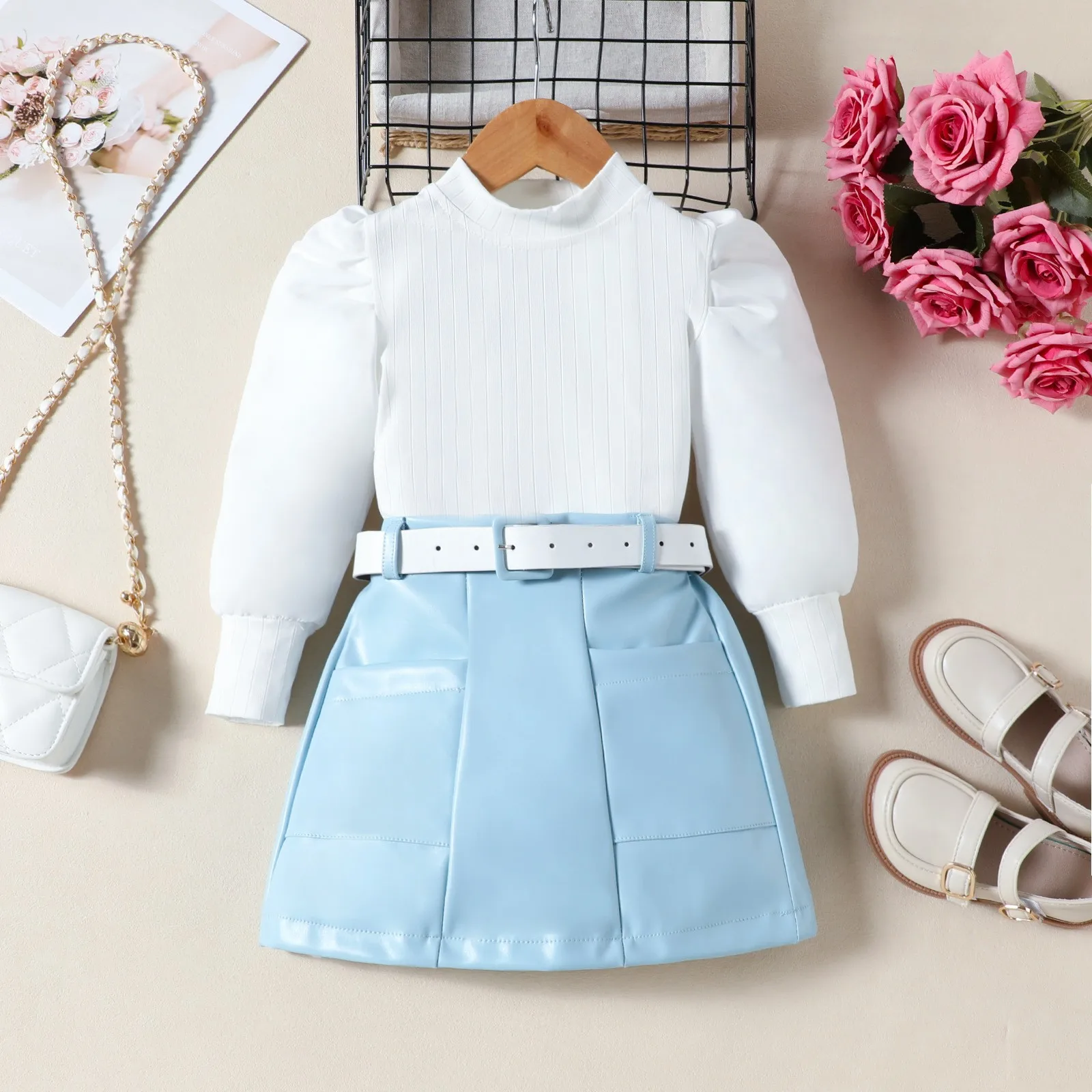 Girls autumn clothes outfits Children bubble sleeve top + PU leather skirt + leather belt three-piece set