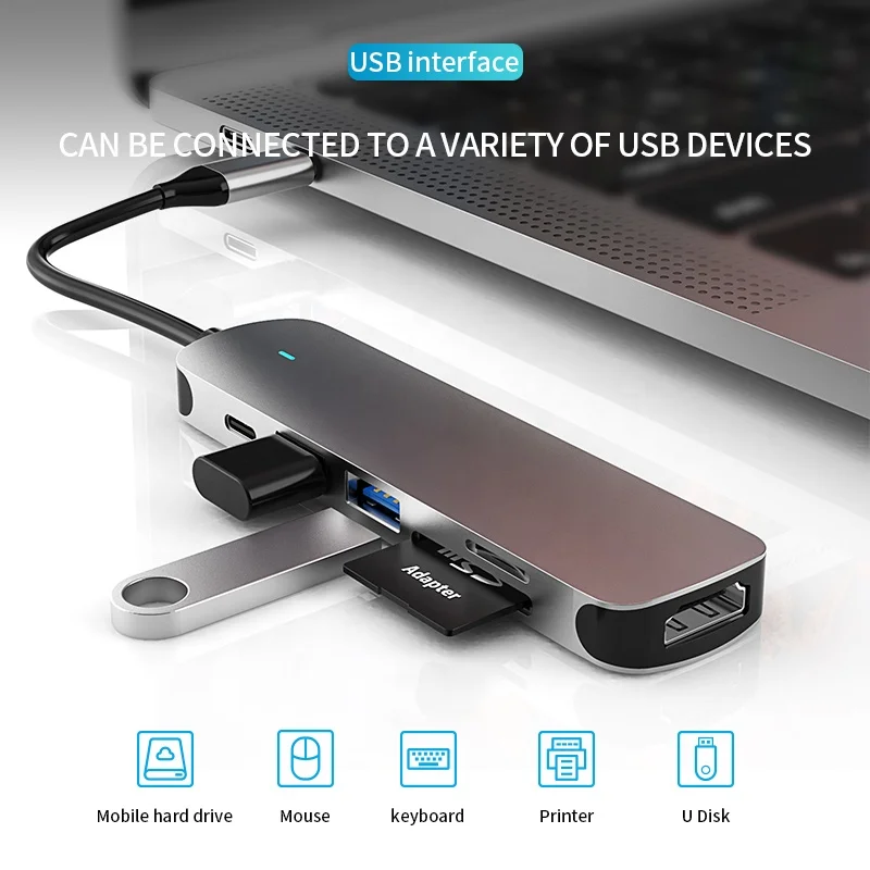 High quality 6 ports usb c docking station hub of  otg adapter splitter 65w 6 in 1 support Switch Laptop Dock Station