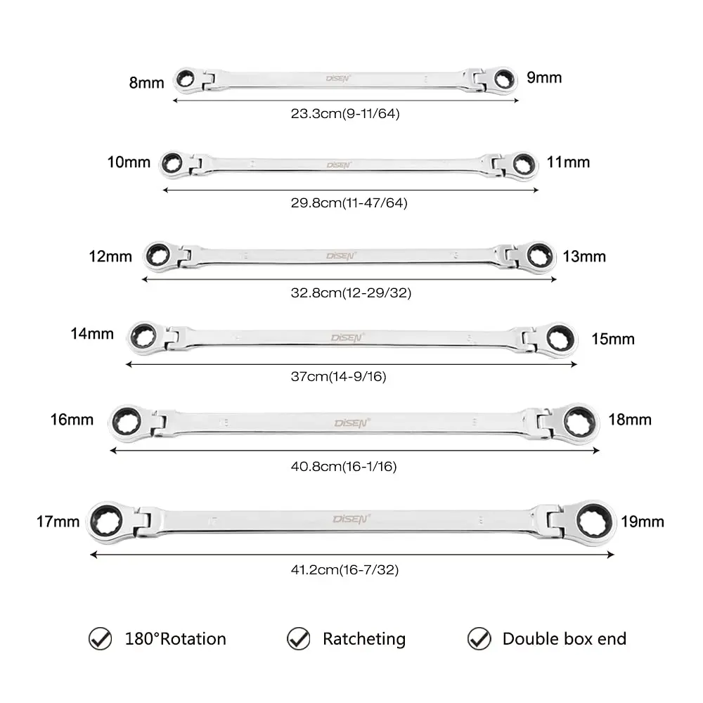 Chrome Vanadium Steel 6Pcs Extra Long Spanner 8-19mm Flexible Head Box End Ratcheting Spanners Double Sided Ring Wrench Set