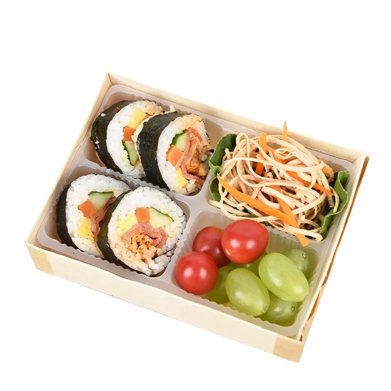 Biodegradable Wholesale Wooden Japanese Takeaway Food Packaging 4 Compartment Disposable Tiffin Bento Lunch Meal Box