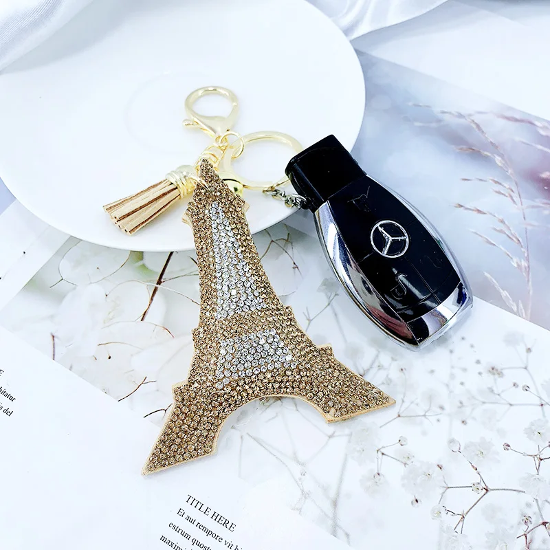 Creative Korean Velvet Rhinestone Paris Paris Eiffel Tower Keychain Pendant Bag Tassel Car Charm