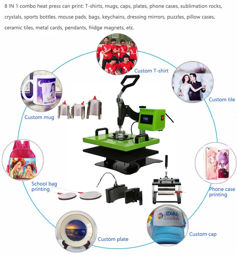 CE Tested Lowest Cost Digital Combo all in one 8-in-1/9 in one blank hat mug T shirt sublimation lighter basketball heat press