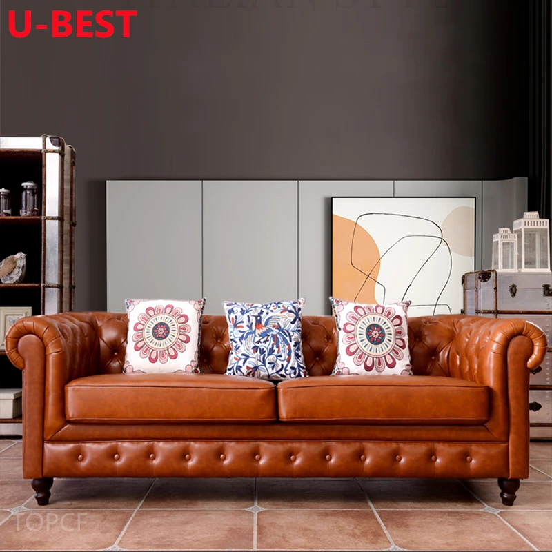 U-BEST Luxury Modular Modern Design Vintage Style Chesterfield Leather Lounge Sectional Sofa Set Furniture Living Room Sofas