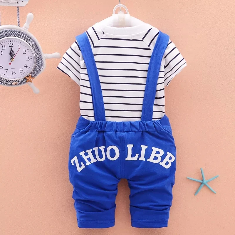 Baby Clothes Summer Toddler Kids Boys Striped Short Sleeved T-shirt Panda Straps Pants Overall 2 Pcs Boys Clothing Set
