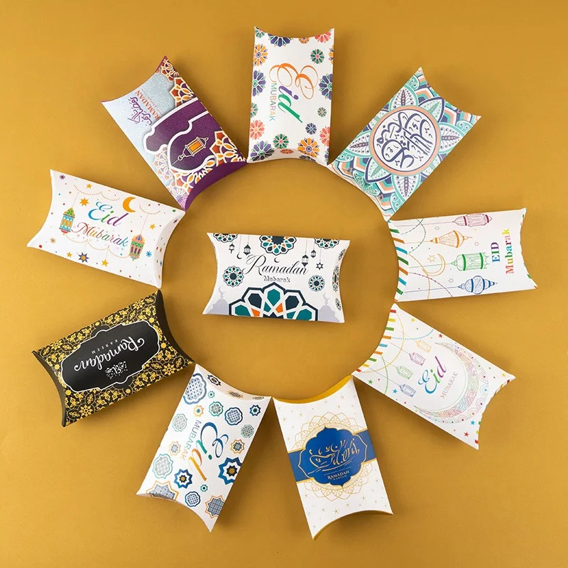 MorSun Muslim Candy Pillow Boxes For Handmade Cookie Packaging EID Mubarak Islamic Festival Party Decoration Supplies