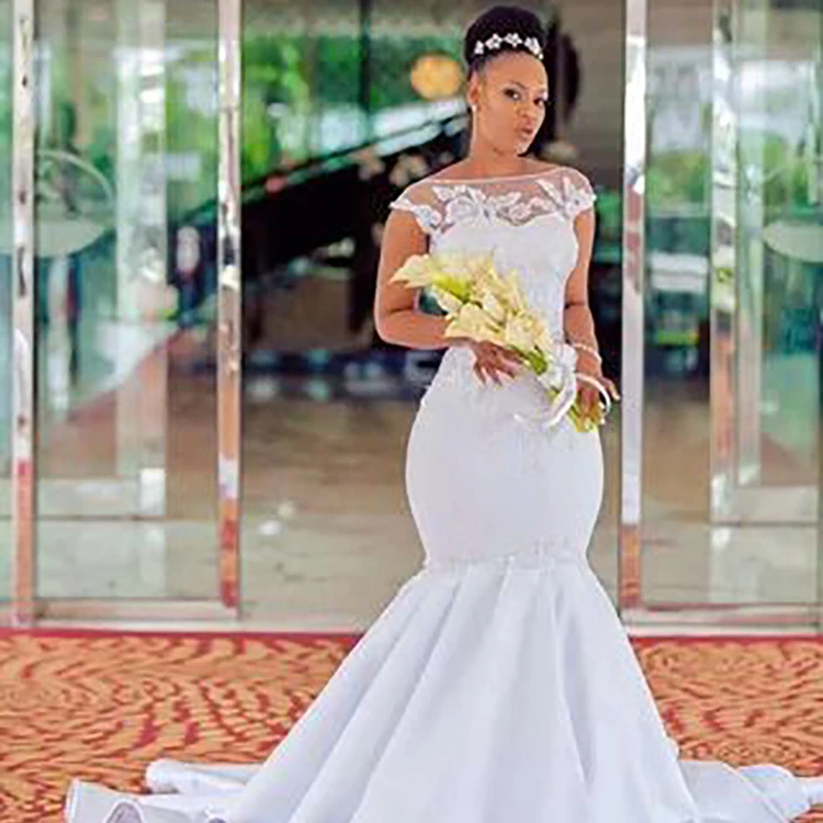 Wholesale Pure White Lace Satin Unique Mermaid Tail Wedding Dresses Bridal Gown for women