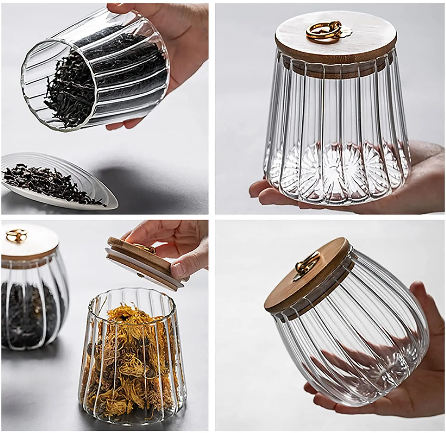 Small Glass Coffee Nuts Canister Airtight Storage Jar Petal Decorative Container with Bamboo Lid Metal Handle Easy to Grasp