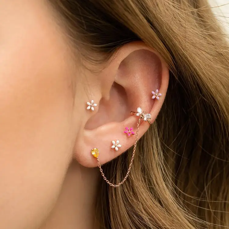 5Pcs/Set 18k Gold Plated Long Chain 925 Silver Needle Stud Earrings Simple Dropping Oil Colorful Flower Stud Earring for Women