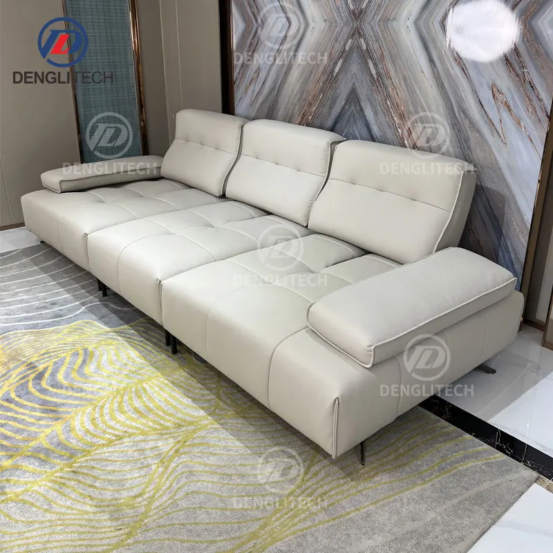 Italian Minimalist Genuine Leather Electric Sofa Living Room 3 Seater Power Backrest Adjustable Functional Retractable Sofa Bed