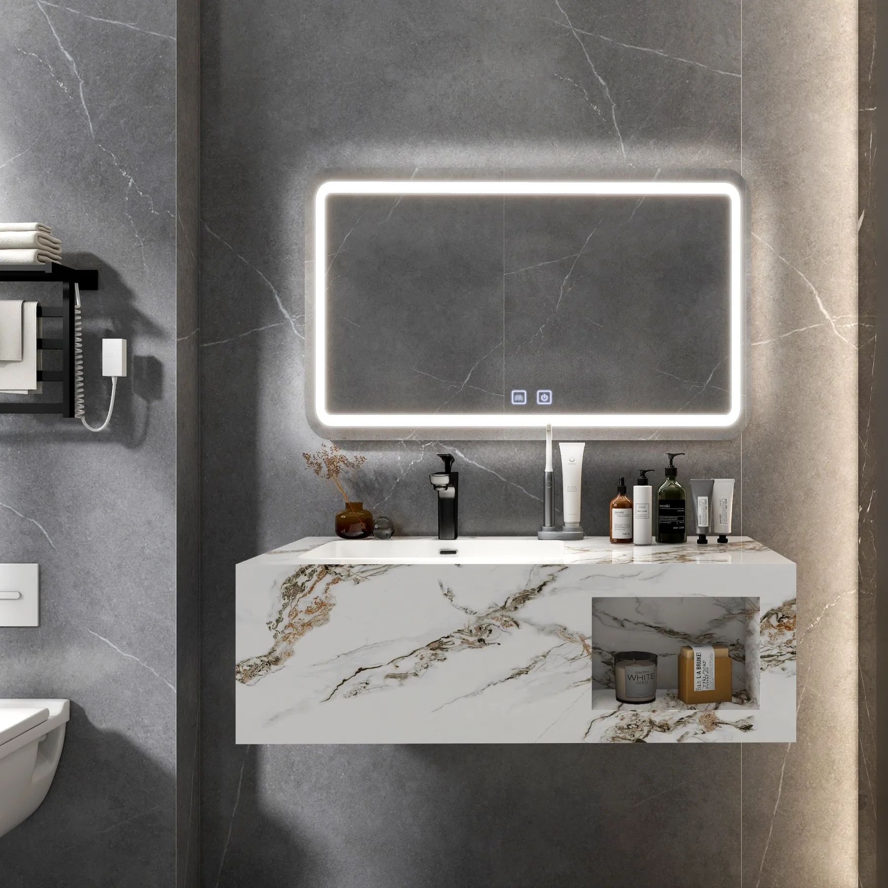 New design rock beam basin Mural Solid Surface Sink Wall Hung Marble Wash sintered stone Sink Vanity cabinet with mirror