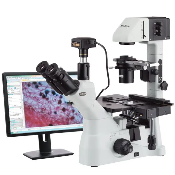 AmScope 40X-1500X Trinocular Inverted Infinity-corrected Phase-contrast Microscope+ Koehler Illumination + 18MP USB 3.0 Camera