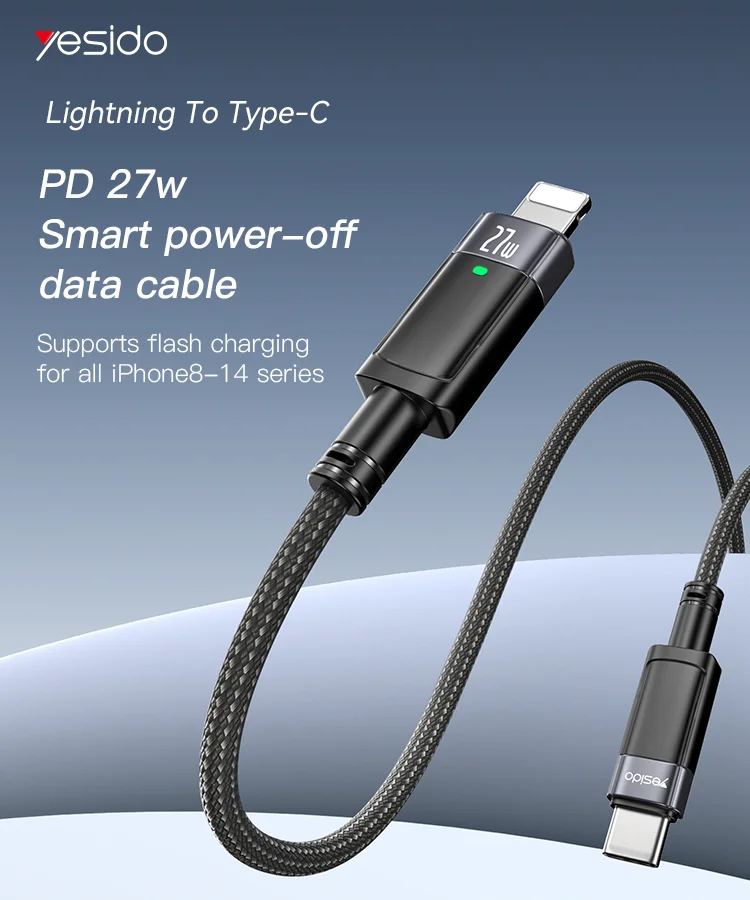 Yesido PD 27W Fast Charging And Transmission Nylon Thread Smart Power Off Lighting-Type-C Data Cable