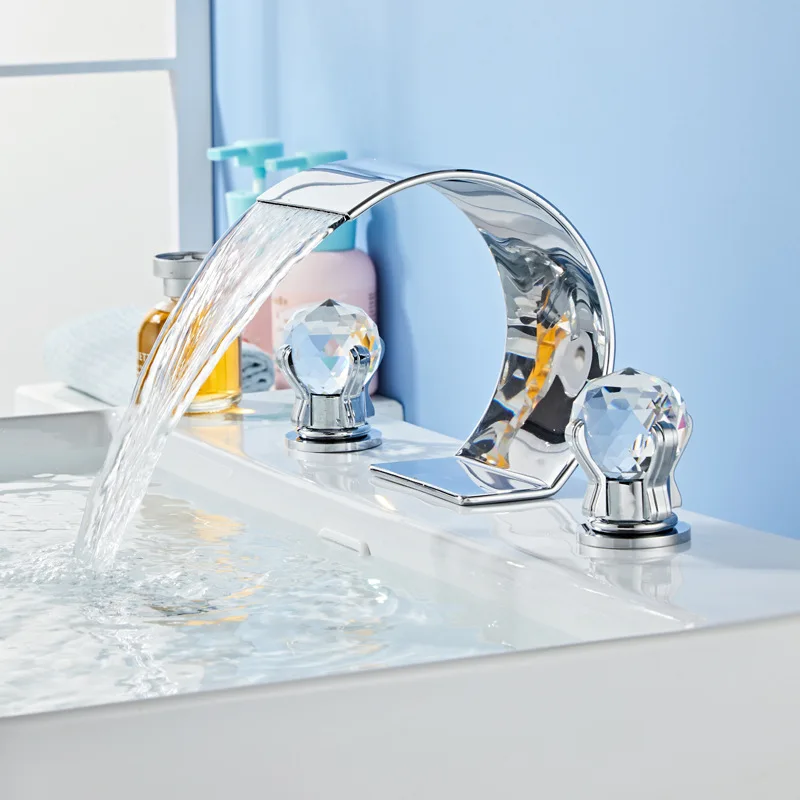 Luxury Style Gold Hot And Cold Three-Holes Basin Faucet Washbasin Bathroom Crystal Ball Split Three-Piece Deck Mount XR0175