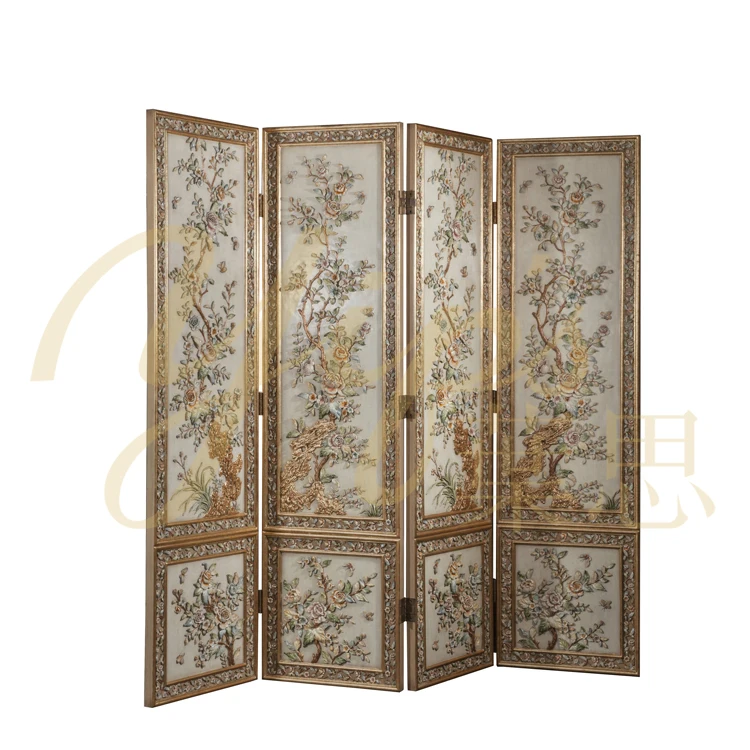 Yips LD-1604-1398 European Series Handpainted Floral Pattern on Sculpture Livingroom 4-Pieces Screen