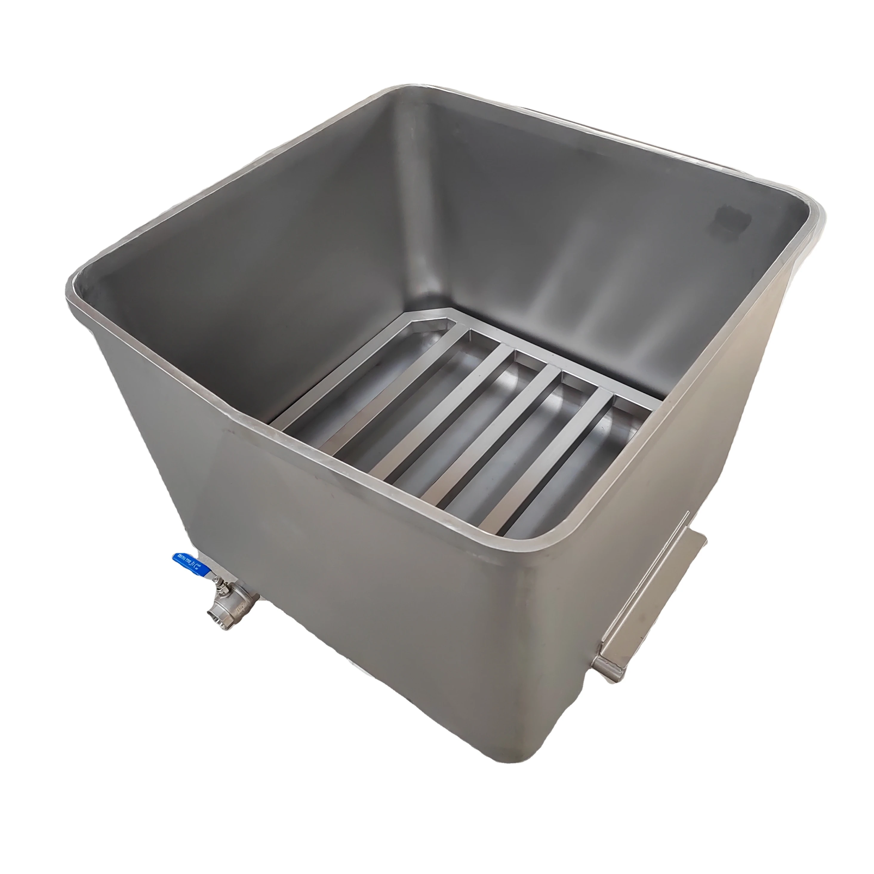 Customized 200L Stainless Steel Meat Trolley Food Grade Meat Tote Bins Metal Meat Hopper Skip Cart with Drain Service Equipment