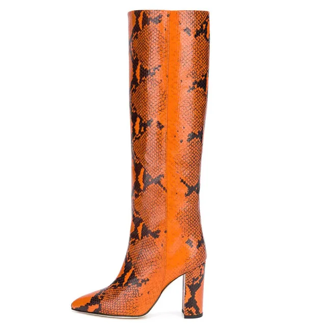 
Pointed Toe Thick High Heel Large Size Knee-length Boots Snake Print PU Boots OEM Sexy One-step Boots 