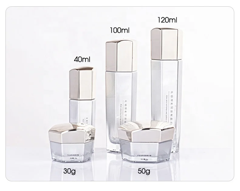 Luxury hexagon cosmetic glass pump bottle set skin care series face cream jar cosmetic packaging hexagon glass lotion bottle