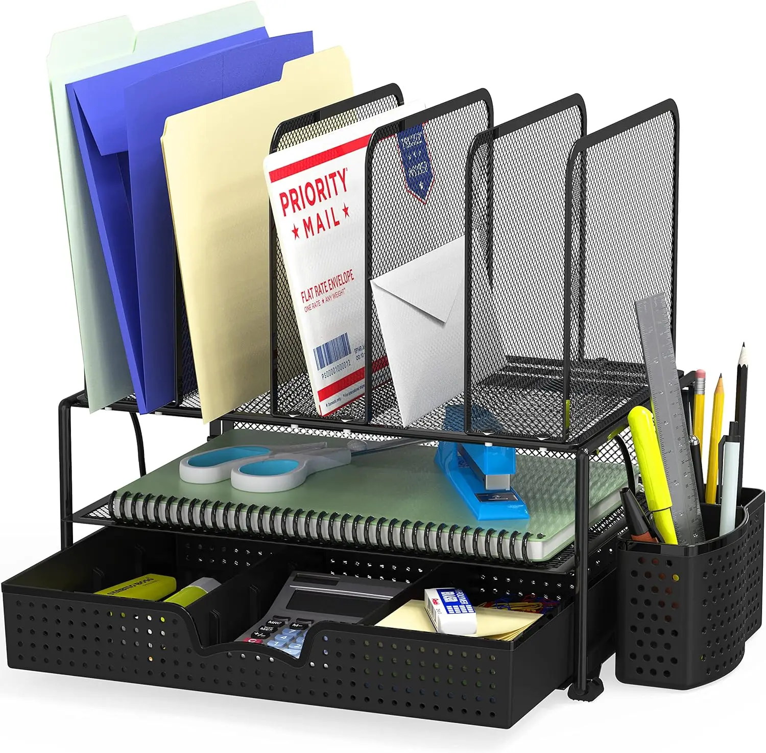 Hot sale office supplies metal black mail organizer mesh desk organizer pencil file holders