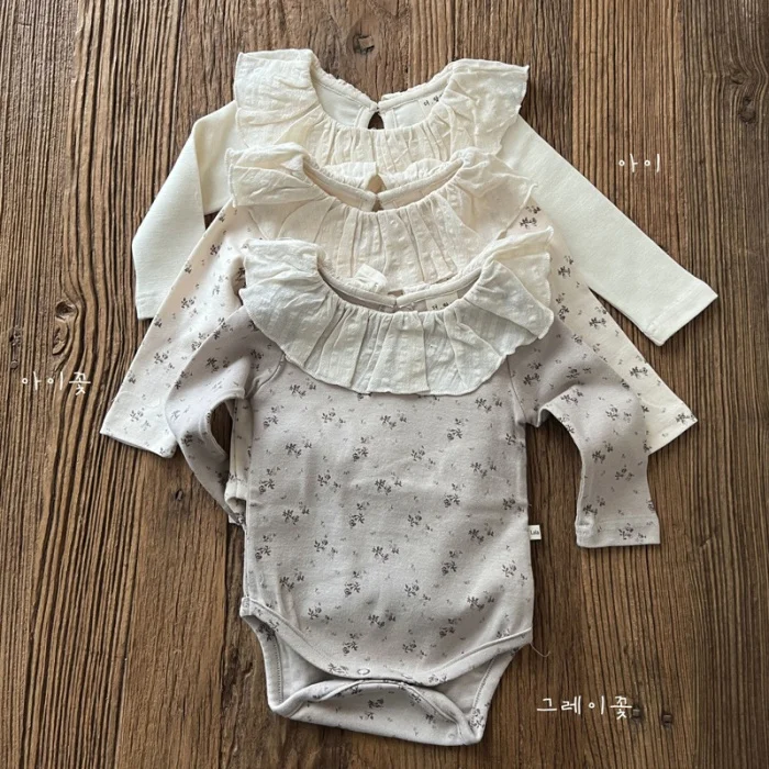 Wholesale Newborn Spring Autumn Baby Rompers Girl Lace Collar Solid Cotton Bodysuit 0-3 months Crew Neck Long Sleeve Jumpsuit