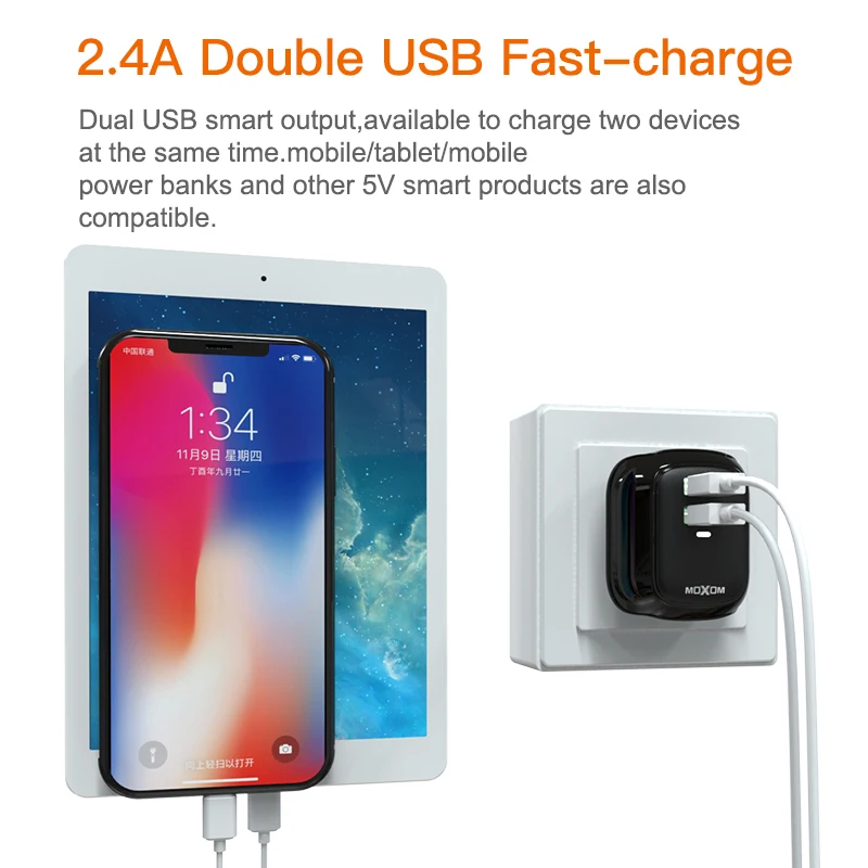 MOXOM 2.4A Home Charger UK Plug 2USB Charger Hot Selling Phone Charger